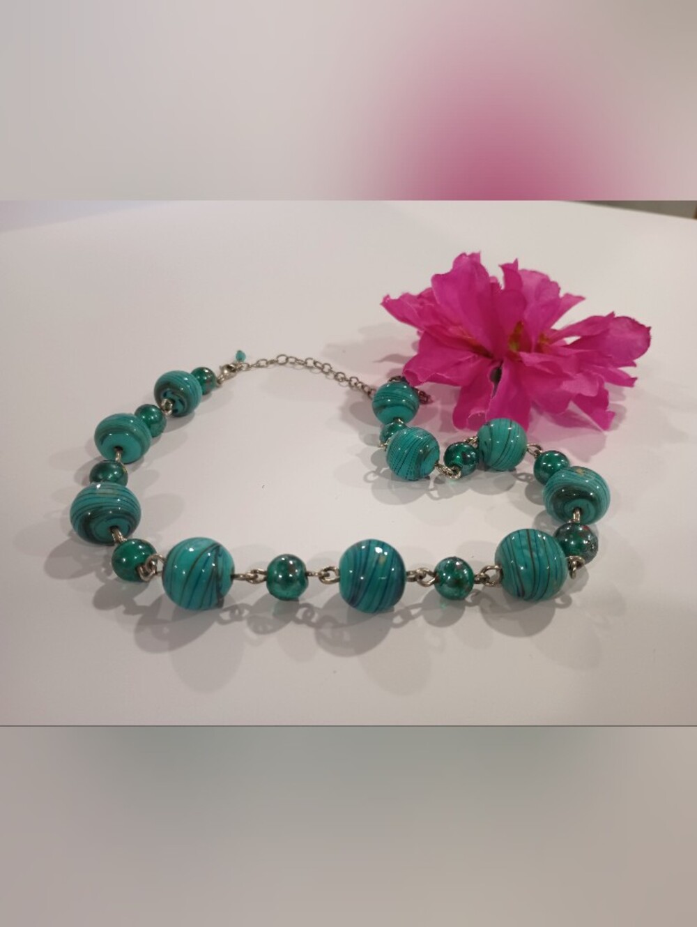 Teal Striped Bead Silver Necklace